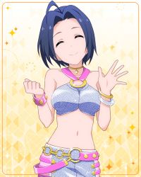Rule 34 | 10s, 1girl, ahoge, artist request, bare shoulders, belt, blue hair, bracelet, breasts, choker, closed eyes, closed mouth, collarbone, idolmaster, idolmaster (classic), idolmaster million live!, idolmaster million live! theater days, jewelry, midriff, million dreams (idolmaster), miura azusa, navel, official art, short hair, skirt, sleeveless, smile, solo