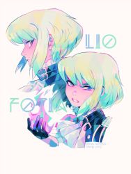 Rule 34 | 1boy, ascot, black jacket, blonde hair, character name, close-up, closed mouth, earrings, expressions, fire, jacket, jewelry, lio fotia, male focus, profile, promare, purple eyes, pyrokinesis, solo, souno kazuki