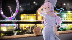 Rule 34 | 1girl, agnamore, animal, arm support, arm up, bad id, bad pixiv id, blurry, blurry background, building, city lights, commentary request, depth of field, dress, ferris wheel, hair ornament, hat, highres, korean commentary, long hair, low twintails, night, night sky, original, outdoors, parted lips, purple eyes, purple hair, raccoon, safety glasses, short sleeves, sky, solo, star (symbol), twintails, unworn hat, unworn headwear, very long hair, white dress, white hat