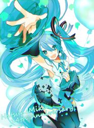 Rule 34 | 1girl, anniversary, aqua necktie, balloon, black footwear, black skirt, blue eyes, blue hair, blue nails, boots, character name, detached sleeves, foreshortening, frills, hair between eyes, hair ribbon, hand on own chest, hatsune miku, highres, long hair, looking at viewer, miwasiba, nail polish, necktie, open mouth, petals, pleated skirt, ribbon, shirt, skirt, sleeveless, sleeveless shirt, solo, thigh boots, thighhighs, twintails, very long hair, vocaloid, white shirt
