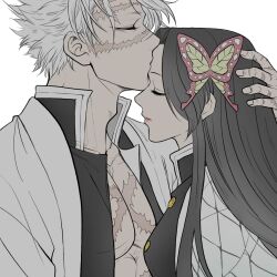 Rule 34 | 1boy, 1girl, black hair, breasts, butterfly hair ornament, closed eyes, closed mouth, couple, demon slayer uniform, facing another, flat color, from side, grey hair, hair ornament, hand on another&#039;s head, haori, hetero, highres, jacket, japanese clothes, kimetsu no yaiba, kiss, kissing forehead, kochou kanae, long hair, long sleeves, medium breasts, pectorals, profile, sainn1129, scar, scar on chest, scar on face, scar on forehead, scar on hand, scar on nose, shinazugawa sanemi, short hair, simple background, upper body, white background, white jacket