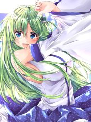 Rule 34 | 1girl, arms up, blue eyes, blue skirt, blush, breasts, collared shirt, detached sleeves, frog hair ornament, fule, green eyes, green hair, hair ornament, hair tubes, highres, kochiya sanae, large breasts, long hair, long skirt, nontraditional miko, open mouth, shirt, skirt, sleeveless, sleeveless shirt, smile, snake hair ornament, solo, touhou, white shirt