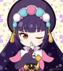 Rule 34 | 1girl, ;), closed mouth, commentary request, dress, finger to mouth, floral background, genshin impact, hand up, long hair, long sleeves, looking at viewer, mitya, one eye closed, puffy long sleeves, puffy sleeves, purple dress, purple hair, purple headwear, red eyes, shushing, sleeves past wrists, smile, solo, twitter username, upper body, very long hair, white background, yun jin (genshin impact)