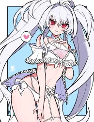 Rule 34 | 1girl, ahoge, bare shoulders, bikini, breasts, cleavage, fate/grand order, fate (series), frilled bikini, frills, hacco mayu, heart, highres, lady avalon (fate), lady avalon (second ascension) (fate), large breasts, long hair, looking at viewer, merlin (fate/prototype), navel, pointy ears, red eyes, smile, solo, spoken heart, swimsuit, thighs, twintails, very long hair, white bikini, white hair