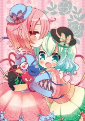 Rule 34 | 2girls, bad id, bad pixiv id, black hat, blue bow, blue hat, blue shirt, blush, bow, closed mouth, commentary request, green eyes, green hair, green skirt, hair between eyes, hat, hat bow, heart, komeiji koishi, komeiji satori, long hair, long sleeves, looking at viewer, looking away, looking to the side, mashiro miru, mini hat, multiple girls, open mouth, pink background, pink hair, pink skirt, red eyes, shirt, siblings, sisters, skirt, spoken heart, striped, striped bow, sweat, third eye, touhou, wide sleeves, yellow bow, yellow shirt