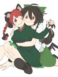 Rule 34 | 2girls, :t, ;), ahoge, animal ear fluff, animal ears, arm under breasts, bird wings, black hair, blush, bow, braid, breasts, cat ears, citrus (place), dress, extra ears, finger to another&#039;s cheek, foot out of frame, green bow, green dress, green skirt, hair between eyes, hair bow, hair ribbon, highres, holding another&#039;s hair, hug, hug from behind, kaenbyou rin, knees together feet apart, long hair, low wings, medium breasts, multiple girls, one eye closed, parted lips, red eyes, red hair, reiuji utsuho, ribbon, shirt, sitting, skirt, smile, teeth, touhou, tress ribbon, twin braids, very long hair, white shirt, wings, yuri
