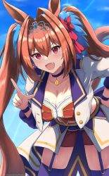 Rule 34 | 1girl, :d, amano kusatsu, animal ears, antenna hair, blue garter straps, blue sky, blush, breasts, brown hair, cleavage, cropped jacket, daiwa scarlet (umamusume), fang, garter straps, hair between eyes, hair intakes, hand on own hip, highres, horse ears, horse girl, horse tail, index finger raised, jacket, large breasts, leaning forward, long hair, looking at viewer, midriff, military jacket, open mouth, red eyes, red shorts, shorts, showgirl skirt, skindentation, sky, smile, solo, starting future (umamusume), sweat, tail, thighhighs, tiara, twintails, umamusume, v-shaped eyebrows, very long hair, white jacket
