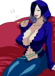 Rule 34 | 1girl, absurdres, beads, black hair, blue eyes, breasts, bubble, cleavage, couch, curvy, female focus, fishman island, grin, hair over one eye, highres, hood, hoodie, huge breasts, jewelry, kiseru, lips, lipstick, long sleeves, madame shirley, makeup, mermaid, monster girl, murata (acid-head), nail polish, naughty face, navel, no bra, one piece, pale skin, red upholstery, short hair, simple background, sitting, slit pupils, smile, smirk, smoking, smoking pipe, solo, white background