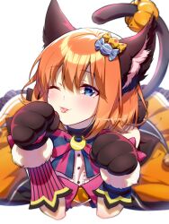 Rule 34 | 1girl, :3, :p, alternate costume, animal ear fluff, animal ears, animal hands, black tail, blue eyes, blush, candy hair ornament, cat ears, cat tail, closed mouth, commentary, eyelashes, fake animal ears, food-themed hair ornament, gloves, go-toubun no hanayome, hair between eyes, hair ornament, halloween costume, hands up, head tilt, highres, looking at viewer, lying, medium hair, nakano yotsuba, on stomach, one eye closed, orange hair, orange skirt, paw gloves, pumpkin, shirt, simple background, skirt, smile, solo, straight-on, symbol-only commentary, tail, tongue, tongue out, twitter username, white background, white shirt, yu (flowerbird3830)