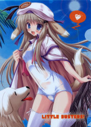 Rule 34 | 1girl, absurdres, animal ears, blue eyes, buttons, cape, day, dog, dog ears, dog tail, fang, fangs, hat, heart, highres, large buttons, little busters!, long hair, maruchan., noumi kudryavka, one-piece swimsuit, outdoors, panties, school swimsuit, sky, solo, spoken heart, swimsuit, tail, thighhighs, underwear, white school swimsuit, white one-piece swimsuit