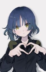 Rule 34 | 1girl, black shirt, blue hair, bocchi the rock!, closed mouth, collared shirt, earrings, hair ornament, hairclip, heart, heart hands, jewelry, long sleeves, looking at viewer, moga (ponco gris), mole, mole under eye, shirt, short hair, simple background, single earring, solo, upper body, yamada ryo, yellow eyes