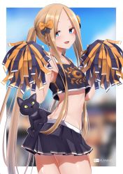 Rule 34 | 1girl, abigail williams (fate), alternate costume, artist name, black bow, black skirt, blonde hair, blue eyes, bow, cat, cheerleader, commentary, english commentary, fate/grand order, fate (series), forehead, hair bow, hands up, highres, long hair, looking at viewer, midriff, multiple hair bows, open mouth, orange bow, polka dot, polka dot bow, pom pom (cheerleading), skirt, smile, solo, thighs, twintails, unlock-creed, very long hair