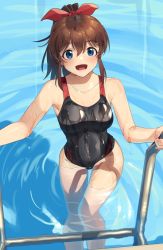 Rule 34 | 1girl, :d, black one-piece swimsuit, blue eyes, brown hair, climbing, commentary, competition swimsuit, covered navel, foot up, hair ribbon, idolmaster, idolmaster million live!, kamille (vcx68), light smile, looking at viewer, medium hair, one-piece swimsuit, open mouth, ponytail, pool, pool ladder, red ribbon, ribbon, satake minako, sidelocks, smile, solo, swimsuit, thigh gap, water, water drop, wet, wet clothes, wet swimsuit
