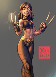Rule 34 | 1girl, angry, bare shoulders, black hair, breasts, character name, claws, clenched teeth, grey background, highres, kelvin hiu, laura kinney, long hair, marvel, midriff, navel, red eyes, sharp teeth, simple background, solo, teeth, thighs, x-23, x-men