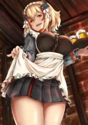 Rule 34 | 1girl, absurdres, apron, apron hold, apron lift, azur lane, beer can, blonde hair, blush, breasts, brown eyes, can, chushou wang, clothes lift, dress, drink can, from above, hair between eyes, head tilt, headgear, highres, holding, holding tray, indoors, large breasts, lifting own clothes, looking at viewer, maid, maid headdress, multicolored hair, open mouth, red hair, roon (azur lane), short hair, smile, solo, standing, streaked hair, thighs, tray, waist apron