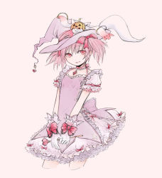 Rule 34 | 10s, 1girl, alternate costume, atrium (artist), bad id, bad pixiv id, bow, choker, cropped legs, dress, frills, gloves, hair ornament, hair ribbon, hat, holding, kaname madoka, kyubey, mahou shoujo madoka magica, mahou shoujo madoka magica (anime), pink eyes, pink hair, pumpkin, ribbon, soul gem, v arms, wand, witch, witch hat