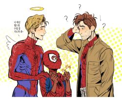 Rule 34 | 3boys, ?, angel, angel wings, blonde hair, blush, bodysuit, brown hair, bruise, bruised eye, clenched hands, coat, cosplay, dark-skinned male, dark skin, dotted background, excited, halo, hand on another&#039;s shoulder, injury, jungyun99, korean text, male focus, marvel, miles morales, multiple boys, pants, peter b parker, red mask, ripeter (spiderverse), scratching neck, short hair, smile, sparkle, spider-man, spider-man: into the spider-verse, spider-man (cosplay), spider-man (series), spider-verse, sweatdrop, sweatpants, trench coat, wings