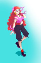 Rule 34 | 1girl, absurdres, blue eyeshadow, boots, captain syrup, collar, curly hair, earrings, eyeshadow, full body, highres, jewelry, lipstick, makeup, nail polish, nintendo, pink nails, red eyes, red hair, red lips, solo, wario land, wario land: shake it!, wavy hair