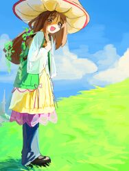 1girl alternate_costume azumanga_daiou backpack bag blue_pants blue_sky blush brown_bag brown_eyes brown_hair cloud commentary day dress english_commentary full_body grass hat highres kasuga_ayumu kyuunn long_hair long_sleeves looking_at_viewer open_mouth outdoors pants sidelocks sky smile solo sombrero standing