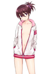Rule 34 | 1girl, breasts, brown eyes, brown hair, coat, collarbone, hair ornament, hair scrunchie, hands in pockets, head tilt, jacket, looking at viewer, maeda risou, naked coat, naked jacket, navel, no bra, open clothes, open jacket, original, scrunchie, short ponytail, simple background, small breasts, solo, standing, track jacket, underboob, white background