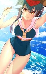 Rule 34 | 1girl, asymmetrical hair, bad id, bad twitter id, black hair, black one-piece swimsuit, blue sky, brown eyes, cloud, cowboy shot, crop top, dutch angle, food, framed breasts, gloves, gluteal fold, hair between eyes, headphones, highres, horizon, i-14 (kancolle), irokiiro, kantai collection, looking at viewer, neckerchief, ocean, one-piece swimsuit, partially fingerless gloves, popsicle, sailor collar, school swimsuit, short hair, single glove, sky, solo, swimsuit, twitter username