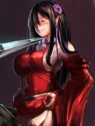 Rule 34 | 10s, 1girl, bare shoulders, black hair, blush, breasts, clenched teeth, clothes lift, collar, covered erect nipples, detached sleeves, dress, dress lift, erinerin99, closed eyes, female focus, flower, forced, hair flower, hair ornament, hairband, imminent rape, large breasts, lock, long hair, no panties, pubic hair, queen&#039;s blade, queen&#039;s blade rebellion, red dress, sideboob, sword, tarnyang (queen&#039;s blade), tears, teeth, weapon