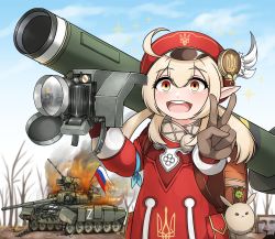 Rule 34 | 1girl, ahoge, burning, cabbie hat, child, commentary request, fgm-148 javelin, fire, genshin impact, hair between eyes, hat, highres, holding, holding rocket launcher, holding weapon, kkgusxo, klee (genshin impact), korean commentary, long hair, long sleeves, looking at viewer, low twintails, military, military vehicle, motor vehicle, open mouth, pointy ears, reflection, rocket launcher, russian flag, russo-ukrainian war, sidelocks, sketch, solo, star (symbol), tank, teeth, twintails, upper body, upper teeth only, v, vladimir putin, weapon, z (russian symbol), z (symbol)