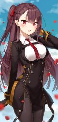 Rule 34 | 1girl, black dress, black gloves, black pantyhose, blurry, blush, braid, breasts, cowboy shot, day, depth of field, dress, girls&#039; frontline, gloves, hair ribbon, half updo, hand up, highres, long hair, looking at viewer, marmoset (marmoset0), medium breasts, necktie, one side up, open mouth, outdoors, pantyhose, pelvic curtain, petals, red ribbon, ribbon, rose petals, short dress, solo, teeth, thighband pantyhose, thighs, tsurime, underbust, wa2000 (girls&#039; frontline)