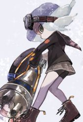 Rule 34 | 1girl, bike shorts, bike shorts under skirt, black shorts, boots, brown footwear, cross-laced footwear, goggles, goggles on head, green eyes, grey hair, grey skirt, highres, holding, lace-up boots, long sleeves, miniskirt, nautilus (splatoon), nintendo, no mouth, octoling, octoling girl, octoling player character, plum0o0, short hair, shorts, skirt, solo, splatoon (series), tentacle hair