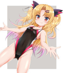 Rule 34 | 1girl, absurdres, akatsuki uni, bare arms, bare shoulders, black one-piece swimsuit, blonde hair, breasts, closed mouth, collarbone, commentary request, competition swimsuit, covered navel, dutch angle, fang, fang out, grey background, hair ornament, hairclip, highres, multicolored hair, navel, one-piece swimsuit, parted bangs, pink hair, red eyes, small breasts, smile, solo, swimsuit, tamayan, twitter username, two-tone background, two-tone hair, two side up, uni create, virtual youtuber, white background