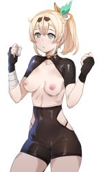 Rule 34 | 1girl, aqua eyes, black gloves, black legwear, blonde hair, blush, bow (bhp), breasts, cameltoe, fingerless gloves, gloves, green eyes, hair ornament, hands up, hololive, inverted nipples, kazama iroha, medium hair, navel, nipples, open mouth, parted lips, ponytail, revision, shrug (clothing), simple background, solo, standing, virtual youtuber, white background