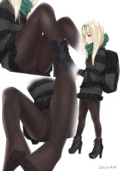 Rule 34 | 10s, 1girl, 2016, alternate costume, ama mitsuki, ankle boots, bag, black footwear, black pantyhose, black sweater, blonde hair, boots, breasts, casual, commentary, cross-laced footwear, crotch seam, dated, feet, from side, full body, green eyes, green scarf, hair ribbon, high heels, kantai collection, knees up, lace-up boots, lips, long hair, miniskirt, multiple views, no shoes, panties, panties under pantyhose, pantyhose, parted lips, perspective, platform footwear, pleated skirt, polka dot, polka dot legwear, print legwear, ribbon, scarf, shirt, simple background, sitting, skirt, small breasts, straight hair, striped clothes, striped sweater, sweater, thighs, underwear, yuudachi (kancolle)