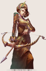 Rule 34 | 1girl, arrow (projectile), bow (weapon), brown hair, dress, earrings, fantasy, green eyes, hair ornament, hong yu cheng, jewelry, long dress, looking at viewer, short hair, simple background, solo, weapon