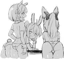 Rule 34 | 3girls, :d, ahoge, animal ears, ass, bare shoulders, bent over, blush, bow, breasts, cropped legs, detached sleeves, fake animal ears, fang, greyscale, hair between eyes, hair bow, hair ribbon, leaning forward, leotard, long sleeves, looking at viewer, looking away, looking back, monochrome, multiple girls, open mouth, original, playboy bunny, ponytail, profile, rabbit ears, rabbit tail, ribbon, simple background, small breasts, smile, smug, strapless, strapless leotard, tail, twintails, unname, wedgie, white background