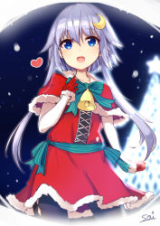 Rule 34 | 1girl, alternate costume, bell, blue eyes, christmas tree, commentary request, cowboy shot, crescent, crescent hair ornament, dress, fur-trimmed dress, fur-trimmed gloves, fur trim, gloves, hair ornament, heart, kantai collection, looking at viewer, night, purple hair, red dress, red gloves, short hair, short hair with long locks, smile, snow, solo, sou (soutennkouchi), yayoi (kancolle)