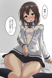 Rule 34 | 1girl, aftersex, bed, beer can, black legwear, black skirt, breasts, brown hair, can, commentary request, cum, cum on body, drink can, grey eyes, hayasui (kancolle), highres, indoors, jacket, kantai collection, looking at viewer, medium breasts, miniskirt, netorare, open clothes, open jacket, pleated skirt, shiba (zudha), shirt, short hair, sitting, skirt, solo, upskirt, wariza, white shirt