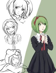 Rule 34 | 1girl, animal hood, bear hood, black dress, bow, bowtie, child, closed eyes, closed mouth, collared dress, crazy eyes, crazy smile, danganronpa (series), danganronpa 3 (anime), danganronpa another episode: ultra despair girls, dress, female focus, green background, green eyes, green hair, hair bow, hair ribbon, hairband, highres, hood, hood up, long hair, long sleeves, lying, medium hair, multiple views, neck ribbon, nose, on stomach, open mouth, palms, red bow, red hairband, red headwear, red ribbon, ribbon, sketch, smile, standing, towa monaca, twintails
