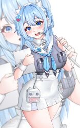 Rule 34 | 1girl, :d, animal ear headphones, animal ears, blue eyes, blue hair, blue neckerchief, blush, breasts, collared dress, covered navel, crop top, dress, eppols art, fake animal ears, goddess of victory: nikke, hair between eyes, headphones, headset, highres, large breasts, light blue hair, long hair, neckerchief, open mouth, shifty (nikke), short sleeves, side ponytail, smile, solo, white dress, wrist cuffs, zoom layer