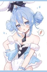 Rule 34 | 1girl, animal ears, bare shoulders, bicute bunnies miku, black necktie, blue eyes, blue hair, blush, bow, breasts, carrot, cleavage, commentary request, covered navel, double bun, fishnet pantyhose, fishnets, fur armlet, fur cuffs, fur trim, hair between eyes, hair bun, hand on own hip, haruta 333 x, hatsune miku, highres, leotard, looking at viewer, medium breasts, necktie, pantyhose, playboy bunny, rabbit ears, short necktie, small breasts, solo, sparkle, strapless, vocaloid, white background