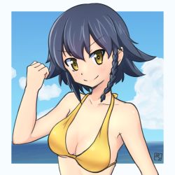 Rule 34 | 1girl, artist name, bikini, black hair, blue sky, braid, breasts, cleavage, clenched hand, closed mouth, cloud, cloudy sky, day, girls und panzer, hair tie, highres, horizon, looking at viewer, medium breasts, mizoochi, ocean, pepperoni (girls und panzer), short hair, side braid, signature, sky, smile, solo, swimsuit, upper body, v-shaped eyebrows, yellow bikini, yellow eyes