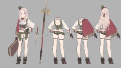 Rule 34 | 1girl, absurdres, ankle boots, arm at side, ass, black gloves, boots, braid, brown footwear, character sheet, closed mouth, dagger, dot nose, enkyo yuuichirou, french braid, from behind, full body, gloves, green headwear, green vest, grey background, grey hair, gun, hair between eyes, halberd, hand on own hip, handgun, hat, high heel boots, high heels, highres, holding, holding suitcase, holster, knife, long hair, long sleeves, looking at viewer, micro shorts, mini hat, mini top hat, multiple views, original, pink hair, pistol, polearm, red eyes, revision, shirt, shorts, simple background, smile, standing, suitcase, top hat, vest, weapon, white shirt