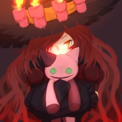 Rule 34 | 10s, 1girl, afushiru wa kugi, anna (granblue fantasy), black dress, candle, dress, fire, granblue fantasy, hair over one eye, hat, long hair, looking at viewer, red hair, solo, stuffed animal, stuffed cat, stuffed toy, upper body, witch hat, yellow eyes