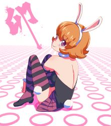 Rule 34 | 1girl, ammonio, animal ears, bare back, bare shoulders, brown hair, choker, highres, hunter x hunter, looking at viewer, piyon, piyon (hunter x hunter), pleated skirt, purple eyes, rabbit ears, rabbit tail, short hair, sitting, skirt, smile, solo, striped clothes, striped thighhighs, tail, thighhighs