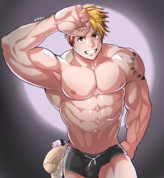 Rule 34 | 1boy, abs, absurdres, arm tattoo, armpits, artist name, bara, biceps, blonde hair, bulge, fang, feet out of frame, flaccid, grey background, hanagata kaede, highres, kaido (62145659), kemono jihen, large pectorals, looking at viewer, male focus, male underwear, manly, mature male, muscular, muscular male, navel, nipples, no pants, pectorals, penis, red eyes, short hair, signature, simple background, smile, solo, spiked hair, spotlight, tail, tattoo, thick arms, thick thighs, thighs, tight clothes, topless male, underwear