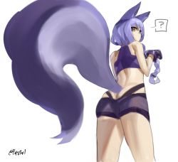 Rule 34 | 1girl, ?, animal ears, arknights, ass, bare shoulders, braid, brown eyes, butt crack, closed mouth, firstw1, from behind, from below, gloves, highres, large tail, long hair, looking at viewer, looking back, looking down, provence (arknights), purple gloves, purple hair, purple shorts, shorts, single braid, solo, speech bubble, spoken question mark, sports bra, tail, thighs, twitter username, wolf ears, wolf girl, wolf tail