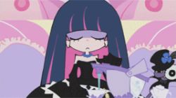 Rule 34 | 10s, 1girl, animated, animated gif, blue hair, colored inner hair, dress, honekoneko (psg), lowres, multicolored hair, official style, panty &amp; stocking with garterbelt, solo, stocking (psg), stuffed animal, stuffed toy, talking, tea