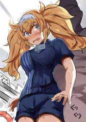 Rule 34 | 1girl, alternate costume, bad id, bad nicoseiga id, belko, blonde hair, blue eyes, blush, breasts, crying, crying with eyes open, enemy lifebuoy (kancolle), gambier bay (kancolle), hair between eyes, headband, kantai collection, large breasts, lawson, looking at viewer, shirt, short shorts, short sleeves, shorts, tearing up, tears, twintails, uniform