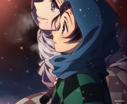 Rule 34 | 1boy, 1girl, aged down, blush, breath, brown hair, checkered clothes, child, cloak, cold, dalc rose, eyelashes, from side, head scarf, highres, hood, kamado kie, kamado tanjirou, kimetsu no yaiba, long sleeves, looking away, mole, mole under mouth, mother and son, motion blur, oil-paper umbrella, parted lips, portrait, purple eyes, scar, scar on face, scar on forehead, snowing, twitter username, umbrella, winter