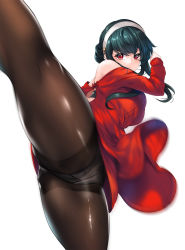 Rule 34 | 1girl, black hair, black panties, breasts, brown pantyhose, closed mouth, commentary request, crotch, crotch seam, dress, floating hair, hairband, highres, hinata sora, kicking, medium breasts, motion blur, panties, panties under pantyhose, pantyhose, red eyes, red sweater, short hair, short hair with long locks, sidelocks, simple background, solo, spy x family, sweater, sweater dress, underwear, white background, white hairband, yor briar