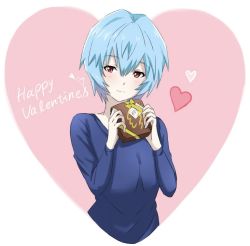 1girl, ayanami rei, bag, blue hair, blue shirt, blush, box, closed mouth, eyebrows visible through hair, eyes closed, gift, gift box, hair between eyes, happy valentine, heart, holding, holding box, long sleeves, looking at viewer, neon genesis evangelion, nisaka ooo, pink background, shiny, shiny hair, shirt, short hair, smile, solo, two-tone background, valentine, white background